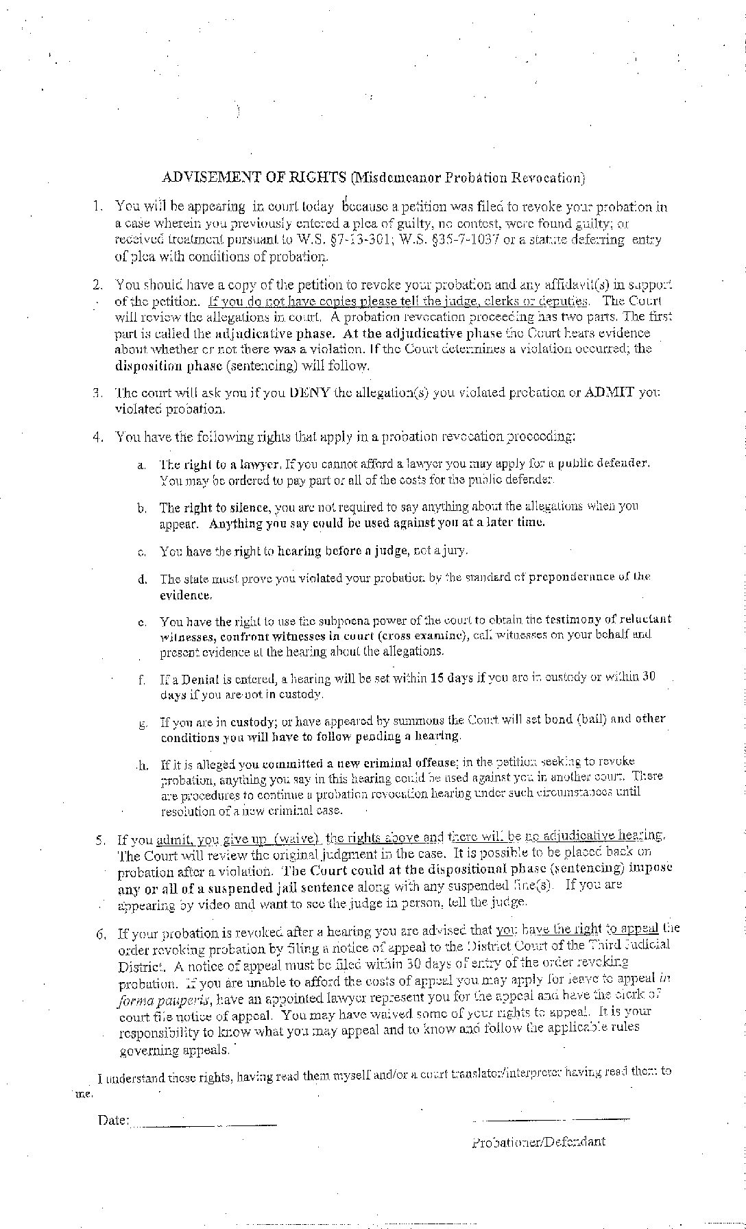 Att. 9 Advisement of Rights (Misdemeanor Probation Revocation) Wyoming State Bar