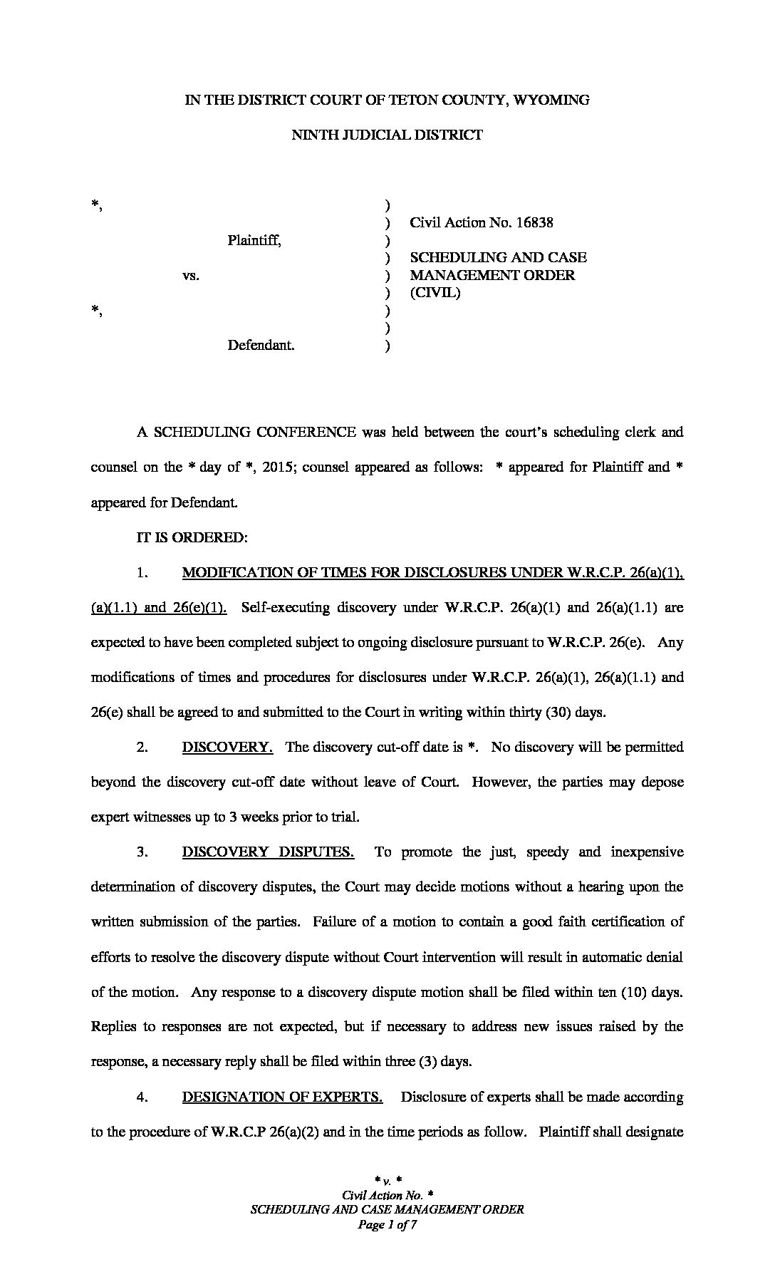 Scheduling Order – Civil – Wyoming State Bar